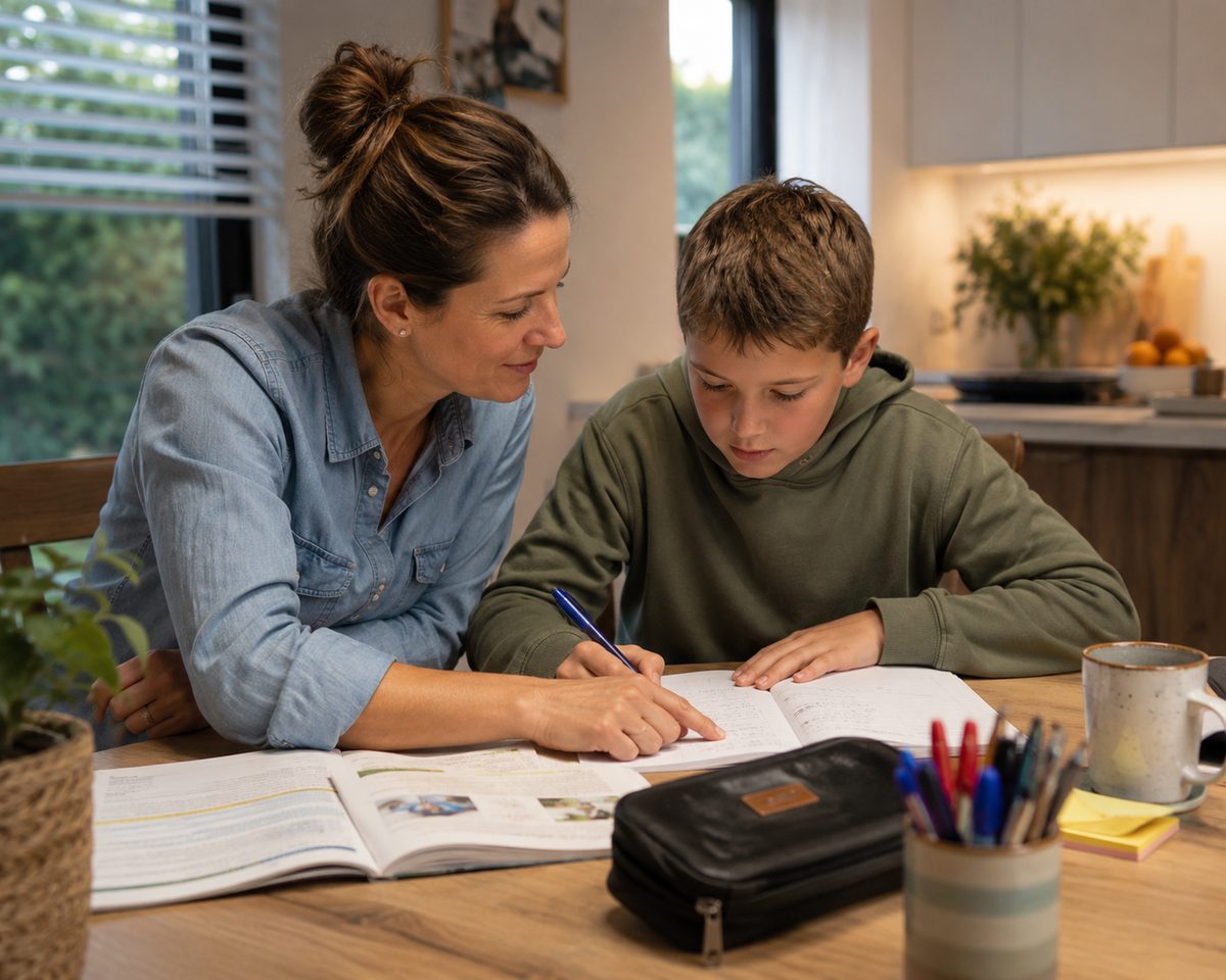 Een ouder helpt haar kind met huiswerk aan de keukentafel