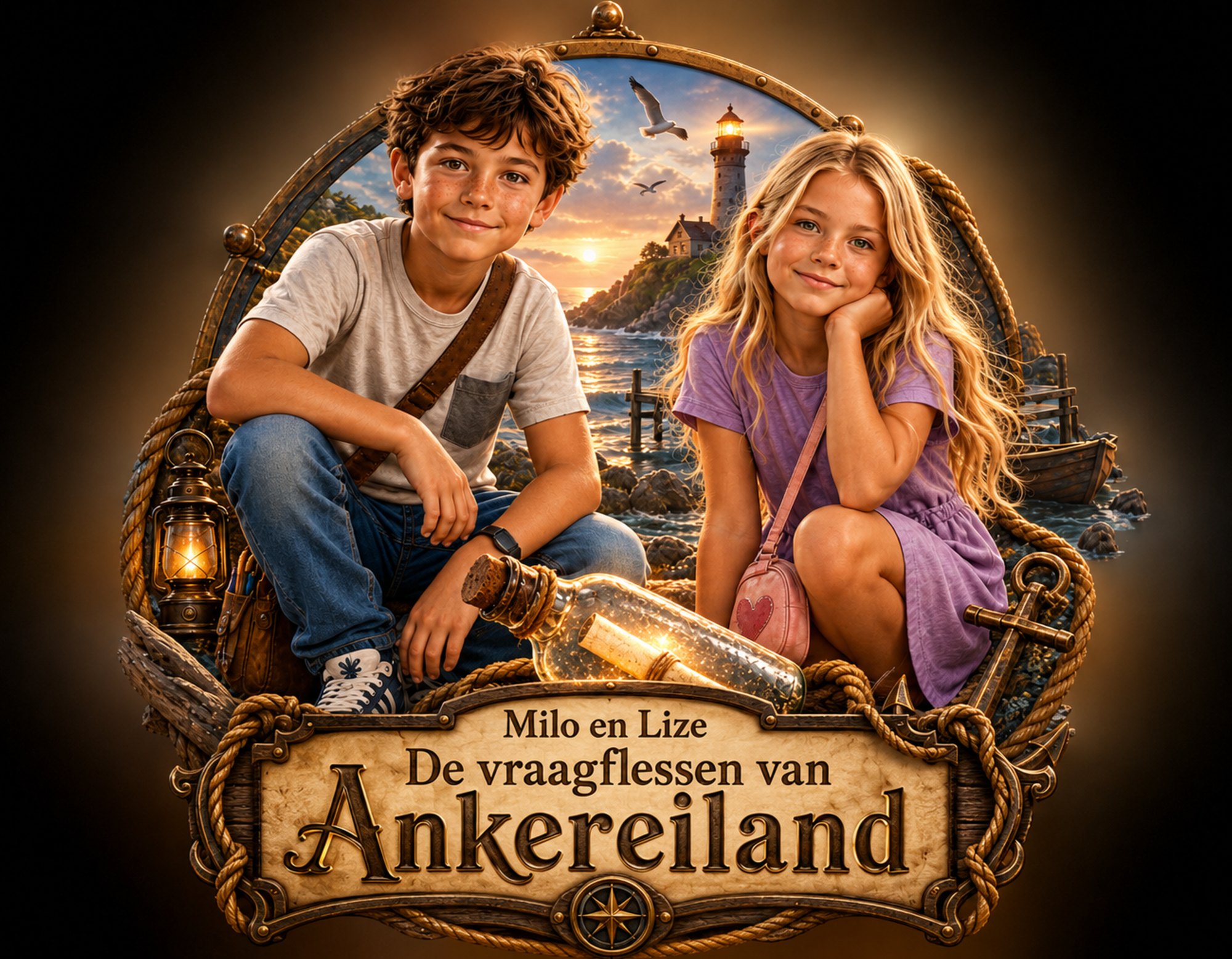 Milo en Lize zitten aan de kust van Ankereiland bij een aangespoelde fles met een briefje erin, met een vuurtoren op de achtergrond, naast een bord met de titel Milo en Lize — De vraagflessen van Ankereiland.