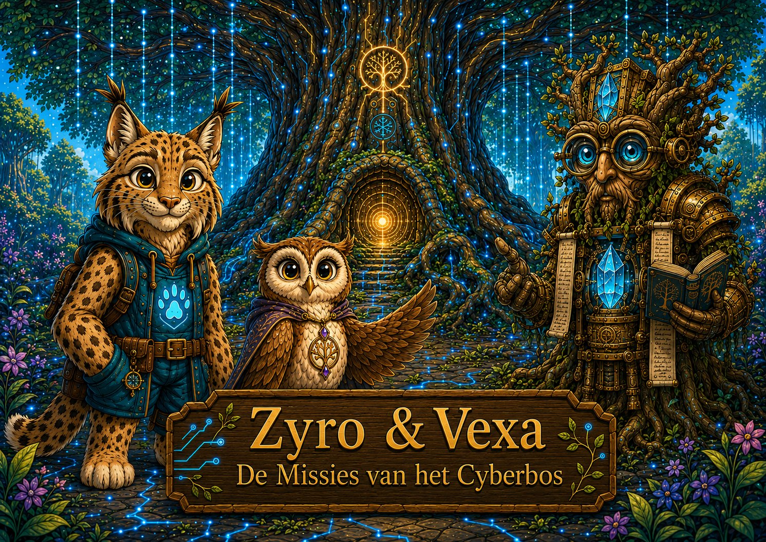 Zyro de lynx en Vexa de uil in het Cyberbos, bij een grote boom met oplichtende blauwe draden, naast een houten bord met de titel Zyro & Vexa — De Missies van het Cyberbos.